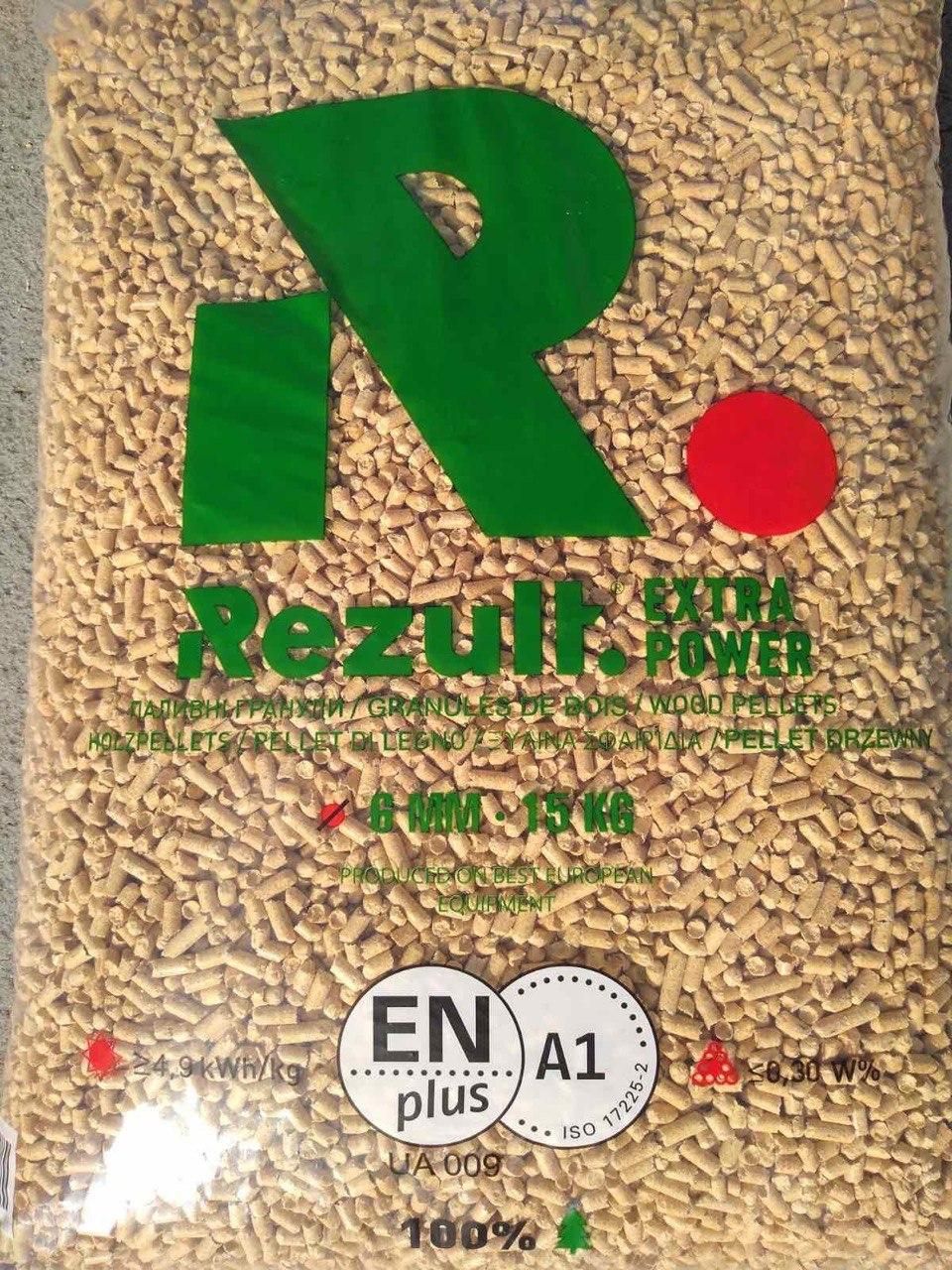 15 kg bag of Rezult Extra Power wood pellets