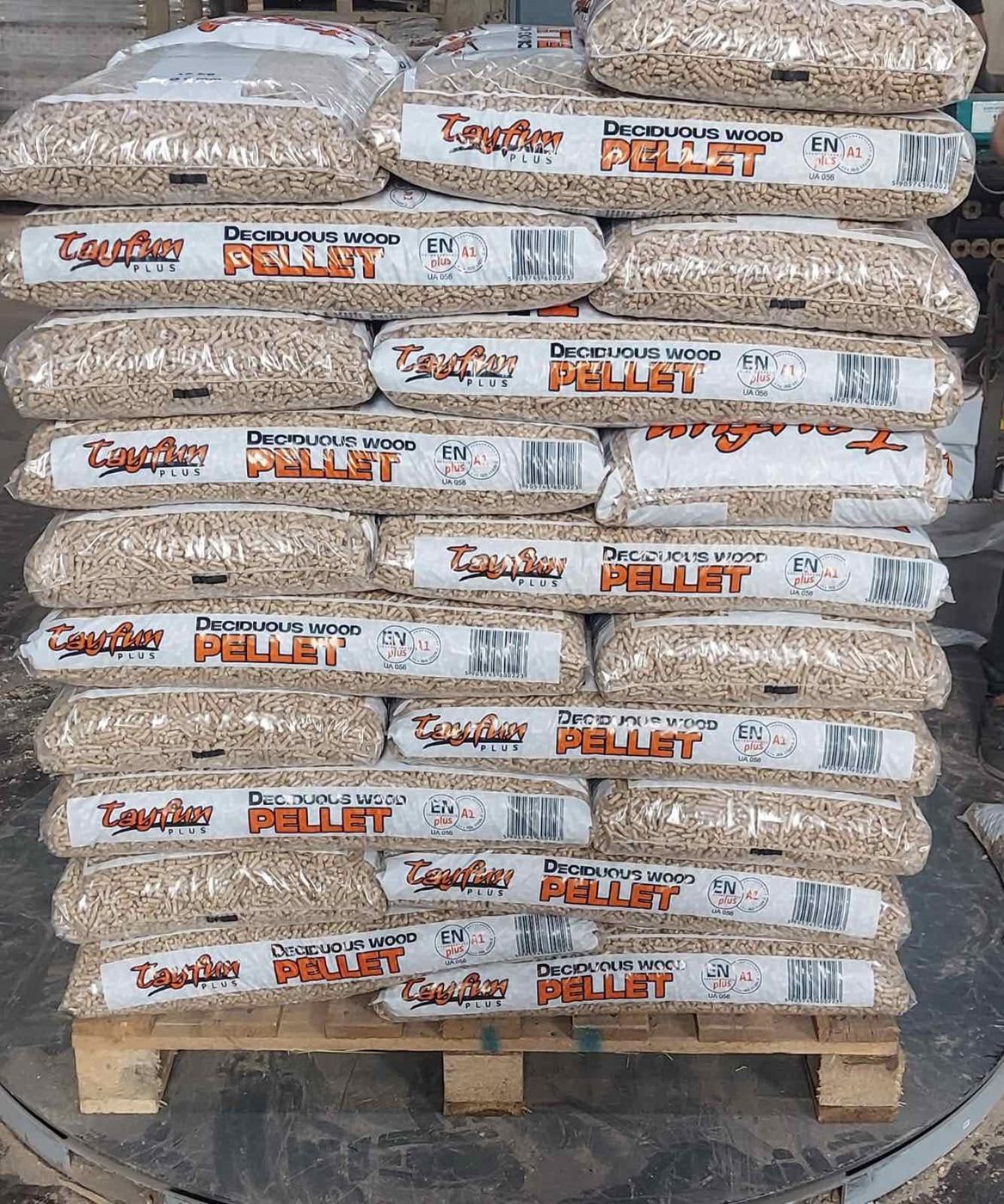 Pallet of Tayfun Plus pellet bags