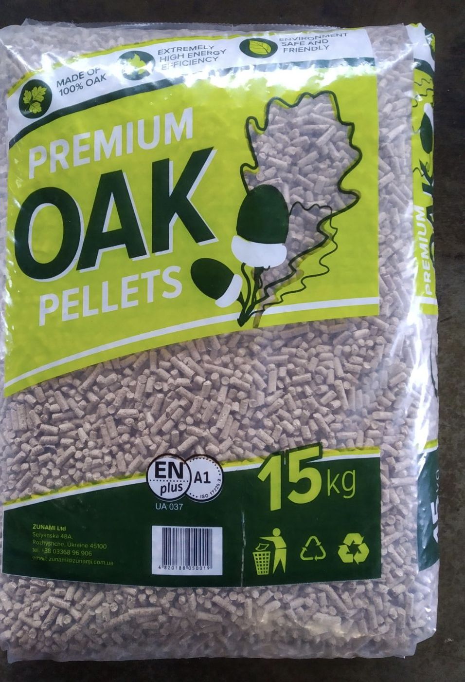 15 kg bag of Oak Zunami premium pellets, ENplus A1